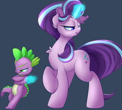 Size: 1280x1152 | Tagged: safe, artist:madacon, character:spike, character:starlight glimmer, species:dragon, species:pony, species:unicorn, brofist, female, fist bump, fluffy, lidded eyes, magic, male, mare, raised hoof, smiling, smirk