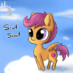 Size: 792x792 | Tagged: safe, artist:tjpones, character:scootaloo, species:pegasus, species:pony, cheek fluff, chest fluff, cloud, cloudsdale, cute, cutealoo, ear fluff, on a cloud, scooting, sky, solo