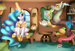 Size: 3581x2462 | Tagged: safe, artist:pridark, character:discord, character:princess celestia, species:alicorn, species:draconequus, species:pony, cup, duo, ethereal mane, female, fluttershy's cottage, food, magic, male, mare, sitting, tea, teacup, teapot, telekinesis