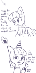 Size: 792x1584 | Tagged: safe, artist:tjpones, character:maud pie, clothing, comic, dialogue, end of the world, hat, honk honk, horn, imminent death, imminent extinction, looking at you, meteor, monochrome, one last thrill, open mouth, party hard, party hat, simple background, solo, white background
