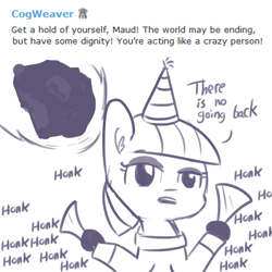 Size: 792x792 | Tagged: safe, artist:tjpones, character:maud pie, derpibooru, bulb horn, clothing, hat, honk, hoof hold, meta, meteor, monochrome, open mouth, party hard, party hat, simple background, solo, white background