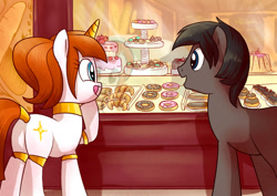 Size: 800x566 | Tagged: safe, artist:yulyeen, oc, oc only, oc:bullet bread, oc:roxy, species:pony, bakery, bread, cake, croissant, donut, duo, female, food, french chocolate bread, male, mare, pastry, stallion, tongue out