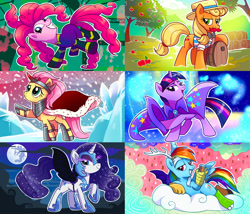 Size: 1200x1026 | Tagged: safe, artist:yulyeen, character:applejack, character:discord, character:flam, character:flim, character:fluttershy, character:king sombra, character:mane-iac, character:nightmare moon, character:pinkie pie, character:princess luna, character:rainbow dash, character:rarity, character:trixie, character:twilight sparkle, species:pony, species:unicorn, accessory swap, antagonist, clothing, costume, female, flim flam brothers, mane six, mare