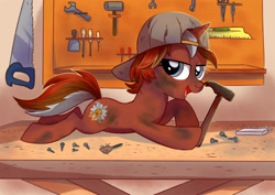 Size: 3507x2480 | Tagged: safe, artist:yulyeen, oc, oc only, oc:rust yards, species:pony, species:unicorn, backwards ballcap, baseball cap, clothing, crosscut saw, dexterous hooves, dirty, hammer, hat, lidded eyes, looking at you, lying down, saw, solo, tools, workbench, wrench