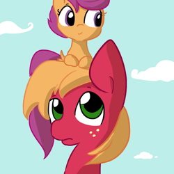 Size: 1080x1080 | Tagged: safe, artist:tjpones, character:big mcintosh, character:scootaloo, species:pegasus, species:pony, episode:on your marks, g4, my little pony: friendship is magic, pony hat, scene interpretation, scootahat