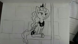 Size: 1280x720 | Tagged: safe, artist:tjpones, character:princess luna, grayscale, monochrome, sketch, solo, traditional art