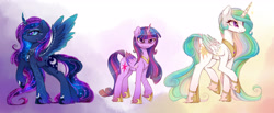 Size: 4700x1940 | Tagged: safe, artist:magnaluna, character:princess celestia, character:princess luna, character:twilight sparkle, character:twilight sparkle (alicorn), species:alicorn, species:pony, colored wings, colored wingtips, female, fluffy, frown, glare, horn jewelry, jewelry, mare, necklace, older, princess shoes, raised hoof, raised leg, regalia, smiling, sparkles, spread wings, unshorn fetlocks, wing jewelry, wings