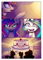 Size: 2700x3818 | Tagged: safe, artist:magnaluna, character:princess celestia, character:princess luna, character:twilight sparkle, character:twilight sparkle (alicorn), species:alicorn, species:pony, g4, cake, cakelestia, dialogue, drool, eye clipping through hair, female, food, full face view, heart, mare, open mouth, profile, speech bubble