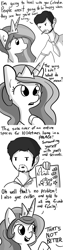 Size: 618x2472 | Tagged: safe, artist:tjpones, character:princess celestia, species:alicorn, species:human, species:pony, horse wife, bust, cheek fluff, cigarette, comic, cronyism, dialogue, ear fluff, female, grayscale, human male, male, mare, missing the point, monochrome, nepotism, raised hoof, simple background, smoking, truth, white background