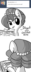 Size: 1096x2480 | Tagged: safe, artist:tjpones, oc, oc only, oc:brownie bun, oc:fluffle puff, species:earth pony, species:human, species:pony, horse wife, ask, book, cheek fluff, comic, ear fluff, female, grayscale, mare, monochrome, reading, shiny bald head, simple background, tumblr, white background