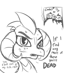 Size: 712x806 | Tagged: safe, artist:tjpones, character:princess ember, species:dragon, blushing, cute, death threat, emberbetes, monochrome, solo, threat, tsundember, tsundere