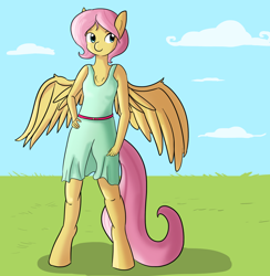 Size: 1280x1312 | Tagged: safe, artist:tjpones, character:fluttershy, species:anthro, species:unguligrade anthro, clothing, dress, female, solo