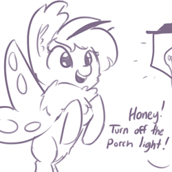 Size: 792x792 | Tagged: safe, artist:tjpones, oc, oc only, oc:mothwife, species:mothpony, bugs doing bug things, chest fluff, cute, fluffy, grayscale, lamp, lineart, monochrome, moth, moth meme, ocbetes, offscreen character, original species, simple background, solo, speech, white background