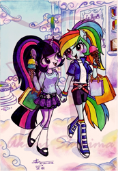 Size: 831x1200 | Tagged: safe, artist:shikimaakemi, character:rainbow dash, character:twilight sparkle, species:anthro, ship:twidash, bags, belt, bookstore, boots, clothing, cloudsdale, equestria girls outfit, female, ice cream, lesbian, mary janes, open mouth, pleated skirt, pony coloring, shipping, shoes, shopping, signature, skirt, sneakers, socks, watermark