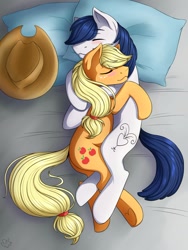 Size: 774x1031 | Tagged: safe, artist:nothingspecialx9, character:applejack, oc, oc:constance everheart, bed, blushing, canon x oc, cuddling, everjack, pillow, shipping, sleeping, snuggling