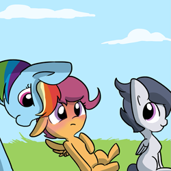 Size: 711x711 | Tagged: safe, artist:tjpones, character:rainbow dash, character:rumble, character:scootaloo, species:pegasus, species:pony, ship:rumbloo, blank flank, blushing, female, male, shipper on deck, shipping, straight