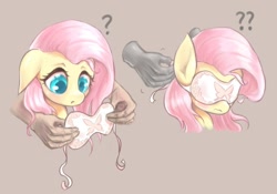 Size: 1000x699 | Tagged: safe, artist:mlpanon, character:fluttershy, species:human, species:pony, blindfold, blushing, confused, cute, disembodied hand, explicit source, female, mare, pony pet, question mark, shyabetes, sweet dreams fuel