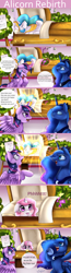 Size: 900x3469 | Tagged: safe, artist:pridark, character:princess celestia, character:princess luna, character:twilight sparkle, character:twilight sparkle (alicorn), species:alicorn, species:pony, angry, bipedal, blep, blushing, cewestia, coffin, comic, crying, cute, cutelestia, eating, everything went better than expected, eyes closed, female, filly, floppy ears, flower, funeral, glare, glow, headcanon, horses doing horse things, huzzah, levitation, magic, mare, nom, onomatopoeia, open mouth, pink-mane celestia, raspberry, raspberry noise, rebirth, regeneration, reincarnation, rest in peace, shocked, smiling, spread wings, telekinesis, tongue out, wide eyes, wings