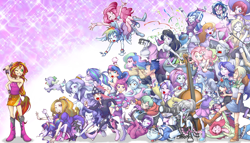 Size: 2000x1147 | Tagged: safe, artist:ddd1983, character:adagio dazzle, character:apple bloom, character:applejack, character:aria blaze, character:bon bon, character:bulk biceps, character:derpy hooves, character:diamond tiara, character:dj pon-3, character:flash sentry, character:fluttershy, character:fuchsia blush, character:lavender lace, character:lyra heartstrings, character:octavia melody, character:photo finish, character:pinkie pie, character:princess celestia, character:princess luna, character:principal celestia, character:rainbow dash, character:rarity, character:scootaloo, character:silver spoon, character:snails, character:snips, character:sonata dusk, character:spike, character:sunset shimmer, character:sweetie belle, character:sweetie drops, character:trixie, character:twilight sparkle, character:twilight sparkle (alicorn), character:vice principal luna, character:vinyl scratch, species:alicorn, species:dog, species:pegasus, species:pony, equestria girls:rainbow rocks, g4, my little pony:equestria girls, :t, armpits, background human, best human, blueberry pie, bracelet, clothing, cutie mark crusaders, dj snazzy snails, female, flying, grin, gritted teeth, humane five, humane six, mc snips, on back, on side, open mouth, pixel pizazz, ponied up, prone, raspberry fluff, running, skirt, sleeveless, smiling, spike the dog, sunset shimmer gets all the mares, tank top, the dazzlings, the muffins, the rainbooms, the snapshots, trixie and the illusions, vice principal luna, violet blurr, walking, wall of tags, wide eyes, wink, wristband