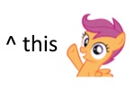 Size: 150x100 | Tagged: safe, artist:theelinker, character:scootaloo, species:pegasus, species:pony, juxtaposition bait, picture for breezies, ponymotes, reaction image, solo, text, this