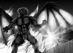 Size: 2789x2044 | Tagged: safe, artist:quynzel, character:dragon lord torch, character:star swirl the bearded, species:anthro, species:dragon, balrog, black and white, grayscale, lord of the rings, monochrome, nudity, parody, size difference, you shall not pass