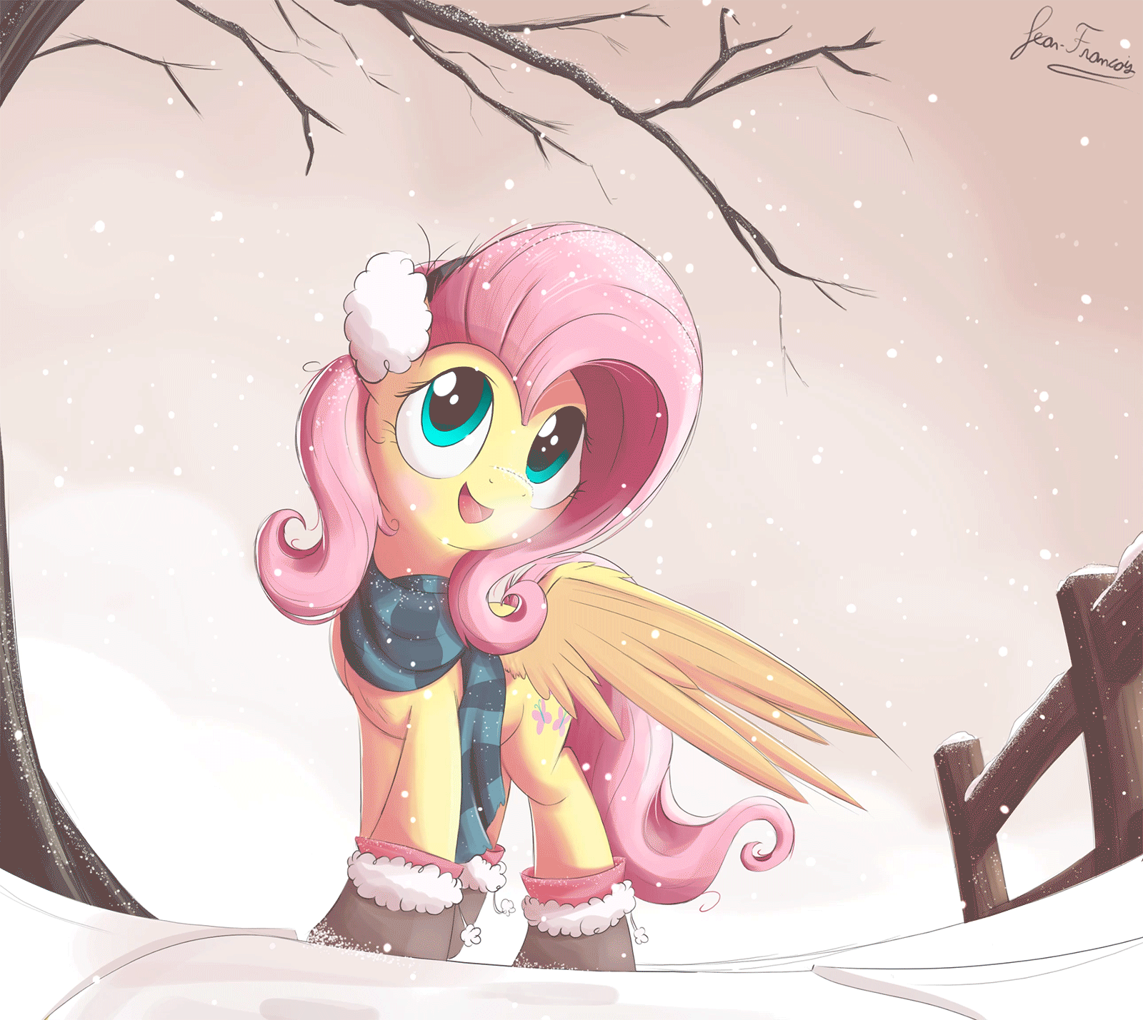 Size: 1600x1429 | Tagged: safe, artist:bugplayer, character:fluttershy, species:alicorn, species:pony, animated, boots, bugplayer is trying to murder us, clothing, cute, earmuffs, female, fence, gif, mare, scarf, shyabetes, snow, snowfall, solo, tree