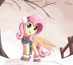 Size: 1935x1728 | Tagged: safe, artist:bugplayer, edit, character:fluttershy, species:pegasus, species:pony, boots, bugplayer is trying to murder us, clothing, cute, earmuffs, female, fence, mare, open mouth, scarf, shyabetes, snow, snowfall, solo, sweet dreams fuel, tree