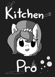 Size: 841x1165 | Tagged: safe, alternate version, artist:tjpones, oc, oc only, oc:brownie bun, species:earth pony, species:pony, horse wife, black background, blatant lies, bust, cute, ear fluff, female, fire, grayscale, head, kitchen, mare, monochrome, open mouth, simple background, solo, text, this will end in fire
