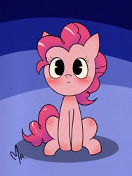 Size: 1200x1600 | Tagged: dead source, safe, artist:gatodelfuturo, character:pinkie pie, species:earth pony, species:pony, blushing, cute, diapinkes, sitting, solo