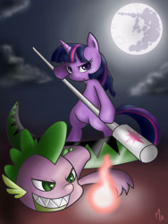Size: 2400x3200 | Tagged: safe, artist:gatodelfuturo, character:spike, character:twilight sparkle, grin, high res, makalight albarn, moon, parody, soul eater, soulpike evans