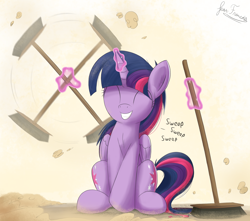 Size: 2600x2300 | Tagged: safe, artist:bugplayer, character:twilight sparkle, character:twilight sparkle (alicorn), species:alicorn, species:pony, episode:the saddle row review, g4, my little pony: friendship is magic, both cutie marks, broom, bugplayer is trying to murder us, cute, eyes closed, female, folded wings, glowing horn, happy, horn, magic, magic aura, mare, signature, sitting, smiling, solo, sweeping, sweepsweepsweep, telekinesis, twiabetes, twilight sweeple, wings