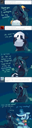 Size: 640x2559 | Tagged: safe, artist:pekou, character:minuette, character:queen chrysalis, species:changeling, species:pony, species:unicorn, ask chrysalis, brushie, changeling queen, clothing, comic, duo, female, floppy ears, mare, scarf, towel