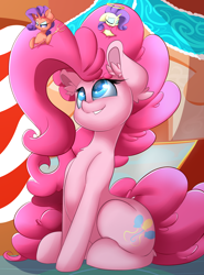 Size: 2000x2700 | Tagged: safe, artist:madacon, character:pinkie pie, character:rarity, species:earth pony, species:pony, species:unicorn, episode:the saddle row review, g4, my little pony: friendship is magic, angel rarity, devil rarity, duality, eyes closed, female, mare, smiling