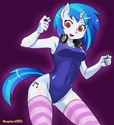 Size: 700x765 | Tagged: safe, artist:shepherd0821, character:dj pon-3, character:vinyl scratch, species:anthro, ambiguous facial structure, armpits, blushing, breasts, clothing, female, one-piece swimsuit, socks, solo, stockings, striped socks, sukumizu, swimsuit