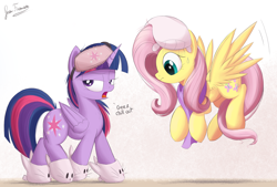 Size: 2220x1500 | Tagged: safe, artist:bugplayer, character:fluttershy, character:twilight sparkle, character:twilight sparkle (alicorn), species:alicorn, species:pegasus, species:pony, blanket, bunny slippers, clothing, cute, dialogue, duo, duo female, female, floating, mare, open mouth, pillow, scarf, shyabetes, signature, sleep mask, slippers, twiabetes