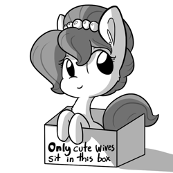 Size: 792x792 | Tagged: safe, artist:tjpones, oc, oc only, oc:brownie bun, species:pony, horse wife, box, cardboard box, cute, monochrome, ocbetes, pony in a box, simple background, smiling, solo, truth, white background