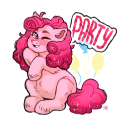 Size: 1280x1294 | Tagged: safe, artist:kapusha-blr, character:pinkie pie, belly fluff, blushing, chubby, cute, cutie mark, diapinkes, ear fluff, leg fluff, one eye closed, one word, smiling, solo, sparkles