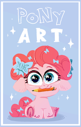 Size: 674x1050 | Tagged: safe, artist:kapusha-blr, character:pinkie pie, bow, cute, floppy ears, pencil, solo, sparkles, young