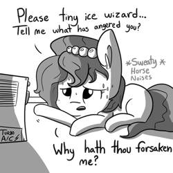Size: 733x733 | Tagged: safe, artist:tjpones, oc, oc only, oc:brownie bun, oc:tiny ice wizard, species:pony, horse wife, episode:slice of life, g4, my little pony: friendship is magic, adorable distress, air conditioner, cute, descriptive noise, fluffy, frown, horse noises, hot, meme, monochrome, open mouth, prone, sad, solo, sweat, ye olde butcherede englishe