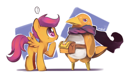 Size: 1178x750 | Tagged: safe, artist:ende26, character:scootaloo, species:pegasus, species:pony, ..., clothing, crossover, disgaea, fanny pack, female, filly, hero prinny, prinny, scarf, sweat