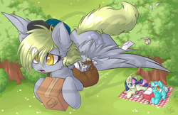 Size: 1260x815 | Tagged: safe, artist:sapphfyr, character:bon bon, character:derpy hooves, character:lyra heartstrings, character:sweetie drops, species:earth pony, species:pegasus, species:pony, species:unicorn, chest fluff, clothing, colored pupils, ear fluff, female, flower, fluffy, flying, forest, hair over one eye, hat, hoof hold, leg fluff, letter, looking up, lying down, mailbag, mailmare, mare, open mouth, package, picnic, picnic blanket, prone, tree, vertigo, watermark