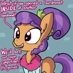 Size: 1280x1280 | Tagged: safe, artist:tjpones, character:plaid stripes, species:pony, episode:the saddle row review, g4, my little pony: friendship is magic, braces, clothing, cute, dialogue, female, genius, missing cutie mark, open mouth, plaidabetes, solo