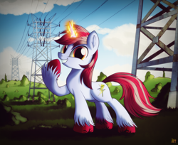Size: 2000x1631 | Tagged: safe, artist:ruhisu, oc, oc only, commission, field, magic, power line, raised hoof, signature, smiling, solo