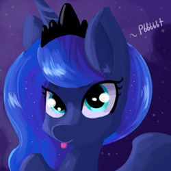 Size: 1280x1280 | Tagged: safe, artist:tjpones, character:princess luna, blep, onomatopoeia, raspberry, raspberry noise, smiling, solo, tongue out
