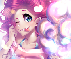 Size: 2115x1758 | Tagged: safe, artist:iponylover, character:pinkie pie, species:human, cotton candy, cute, diapinkes, female, food, heart, heart eyes, humanized, solo, starry eyes, tongue out, wingding eyes