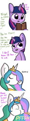 Size: 750x3000 | Tagged: safe, artist:tjpones, character:princess celestia, character:twilight sparkle, character:twilight sparkle (alicorn), species:alicorn, species:pony, book, comic, dialogue, female, innocent innuendo, innuendo, mare, offscreen character, reading, spit take, teacup, wide eyes