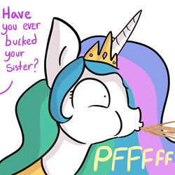 Size: 750x750 | Tagged: safe, artist:tjpones, character:princess celestia, character:twilight sparkle, character:twilight sparkle (alicorn), species:alicorn, species:pony, comic, dialogue, innocent innuendo, offscreen character, out of context, puffy cheeks, simple background, single panel, solo, spit take, white background, wide eyes