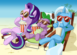 Size: 3000x2121 | Tagged: safe, artist:mister-saugrenu, character:spike, character:starlight glimmer, character:trixie, species:dragon, species:pony, species:unicorn, ship:sparlight, ship:spixie, g4, beach, beach chair, beverage, crossed hooves, cup, eating, female, food, hanging out, male, mare, open mouth, palm tree, popcorn, popcorn buddies, relaxing, sand, shipping, sipping, soda, sparlixie, spike gets all the mares, straight, sunglasses, the amazing trio of friendship, updated