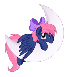 Size: 2286x2657 | Tagged: safe, artist:pridark, oc, oc only, oc:ribbon moon, species:pegasus, species:pony, crescent moon, cute, female, hair bow, leaning, looking at you, mare, moon, pridark is trying to murder us, prone, simple background, smiling, solo, tangible heavenly object, transparent background