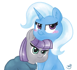 Size: 1440x1300 | Tagged: safe, artist:ruushiicz, character:maud pie, character:trixie, species:pony, species:unicorn, ship:mauxie, :i, blushing, cute, female, hug, lesbian, mare, maudabetes, nose wrinkle, shipping, simple background